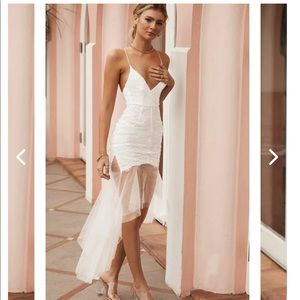 Selfie Leslie - MON AMOUR LACE DETAIL TULLE MESH HEM DRESS WHITE